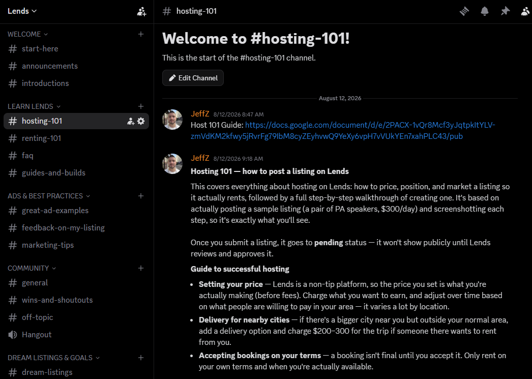 Preview of the Hosting 101 channel in the Lends Discord server